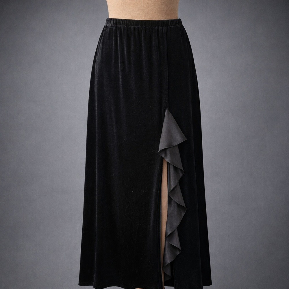 Y2K Black Velvet Maxi Skirt Ruffle 18W XL‎ Whimsigoth Dark Romantic Fairy Grunge